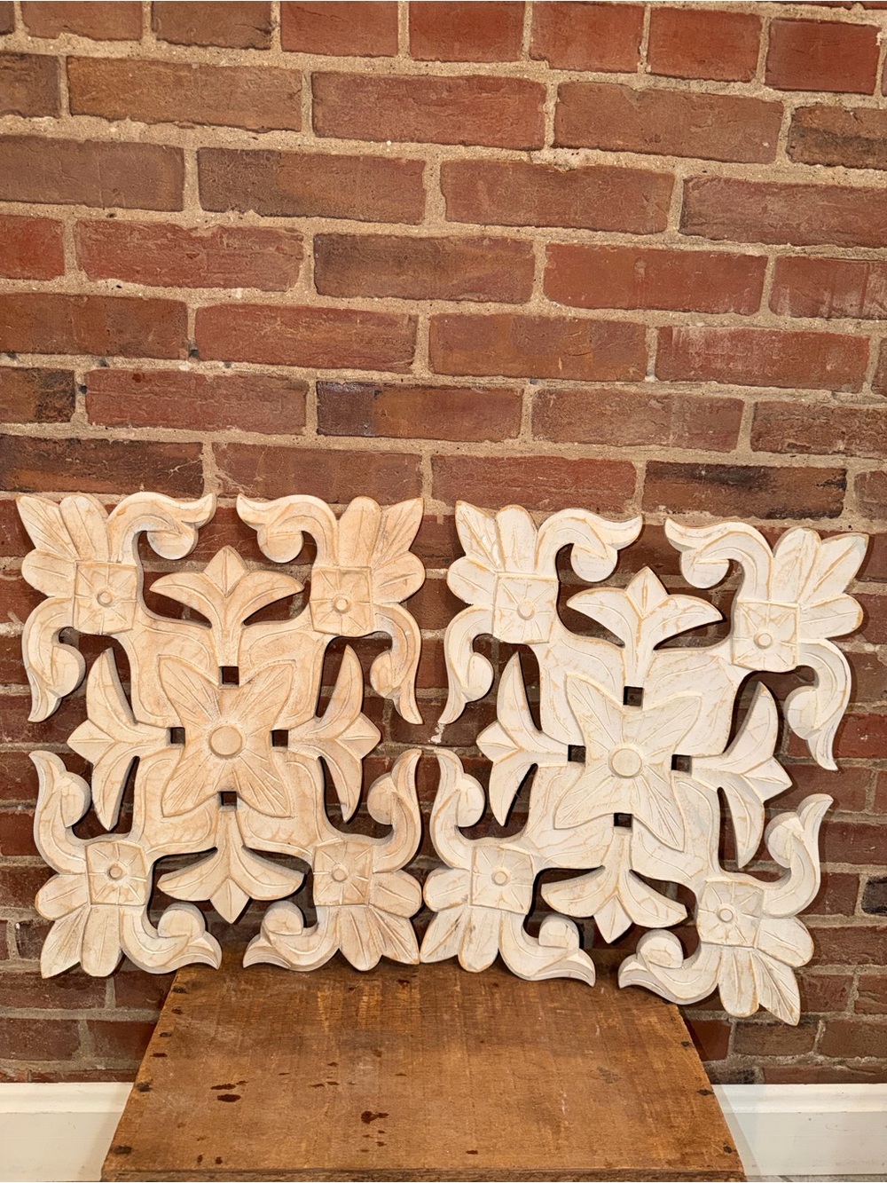 Carved Floral Wall Panels in Distressed White - Set of 2